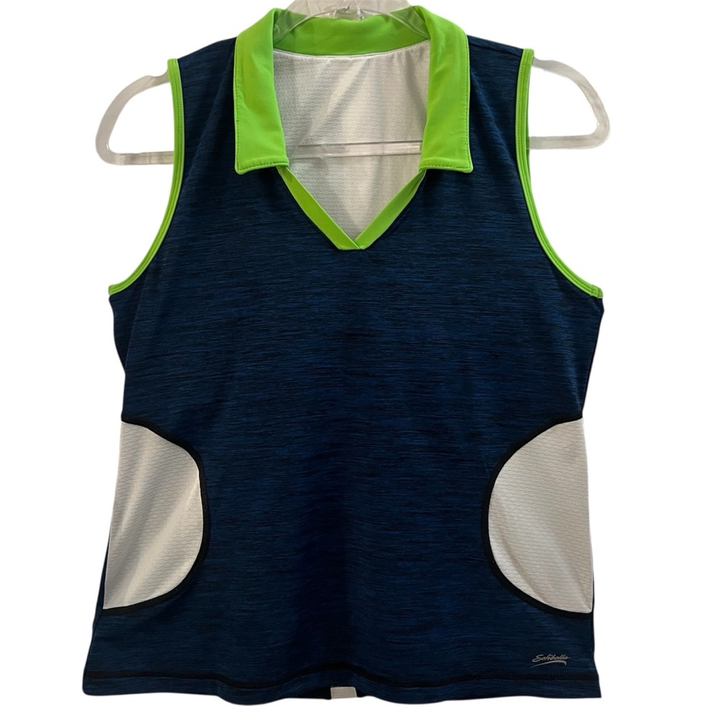 SOFIBELLA TOP, Size L, Blue, Green & White Fitness Top w/ Collar & Shelf Bra
